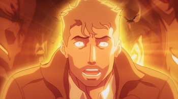 Movie still from “Justice League Dark: Apokolips War” (2020), directed by Christina Sotta – An animated picture of a man with a fire background behind him; Close Up shot, High angle