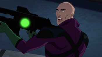 Movie still from “Justice League Dark: Apokolips War” (2020), directed by Christina Sotta – Lex luthor in batman : return of the caped crusaders; Medium shot, Over the shoulder angle