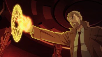 Movie still from “Justice League Dark: Apokolips War” (2020), directed by Christina Sotta – A man is holding a fire in his hand; Medium shot, Over the shoulder angle