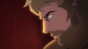 Movie still from “Justice League Dark: Apokolips War” (2020), directed by Christina Sotta – A man's face in a dark room; Extreme Close Up shot, Over the shoulder angle