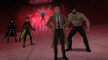 Movie still from “Justice League Dark: Apokolips War” (2020), directed by Christina Sotta – A group of men standing next to each other in a room; Wide shot, Over the shoulder angle