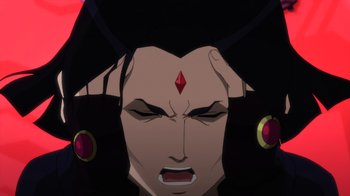 Movie still from “Justice League Dark: Apokolips War” (2020), directed by Christina Sotta – An animated woman with a red diamond on her forehead; Close Up shot, Low angle