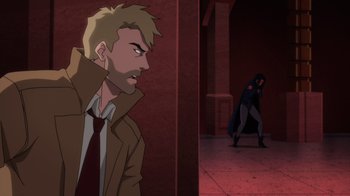 Movie still from “Justice League Dark: Apokolips War” (2020), directed by Christina Sotta – A man in a brown jacket and a woman in a blue suit; Medium shot, Over the shoulder angle