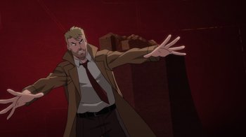 Movie still from “Justice League Dark: Apokolips War” (2020), directed by Christina Sotta – A man in a trench coat and a red tie; Medium shot, Over the shoulder angle