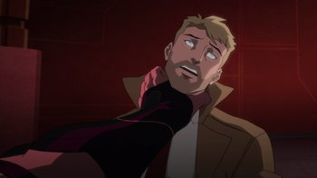 Movie still from “Justice League Dark: Apokolips War” (2020), directed by Christina Sotta – A man in a brown jacket and a red tie; Close Up shot, Over the shoulder angle