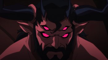 Movie still from “Justice League Dark: Apokolips War” (2020), directed by Christina Sotta – An animated demon with glowing red eyes and horns; Close Up shot, Overhead angle