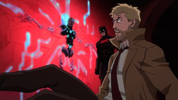 Movie still from “Justice League Dark: Apokolips War” (2020), directed by Christina Sotta – A group of men standing next to each other in a room; Wide shot, Over the shoulder angle