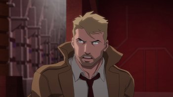 Movie still from “Justice League Dark: Apokolips War” (2020), directed by Christina Sotta – A man in a brown jacket and a red tie; Close Up shot, Over the shoulder angle