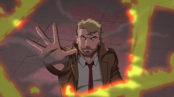 Movie still from “Justice League Dark: Apokolips War” (2020), directed by Christina Sotta – A man in a brown jacket and a red tie; Medium shot, Overhead angle