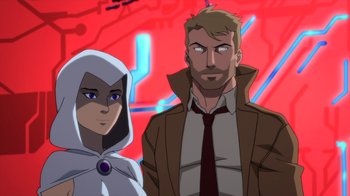Movie still from “Justice League Dark: Apokolips War” (2020), directed by Christina Sotta – A man standing next to a woman wearing a white robe; Medium shot, Over the shoulder angle