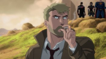 Movie still from “Justice League Dark: Apokolips War” (2020), directed by Christina Sotta – A man with a beard is smoking a cigarette; Medium shot, Over the shoulder angle