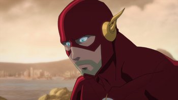 Movie still from “Justice League Dark: Apokolips War” (2020), directed by Christina Sotta – The face of the flash; Close Up shot, Over the shoulder angle
