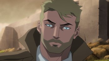 Movie still from “Justice League Dark: Apokolips War” (2020), directed by Christina Sotta – A person with a beard and mustache; Close Up shot, Over the shoulder angle