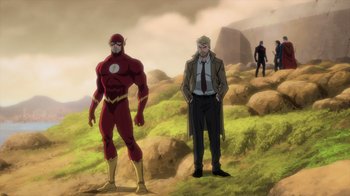 Movie still from “Justice League Dark: Apokolips War” (2020), directed by Christina Sotta – Two men standing next to each other on top of a hill; Wide shot, Over the shoulder angle