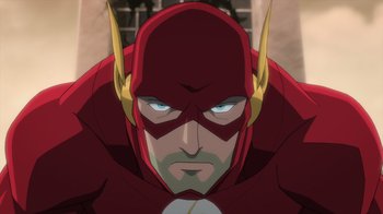 Movie still from “Justice League Dark: Apokolips War” (2020), directed by Christina Sotta – The face of a man in a red costume; Close Up shot, Low angle