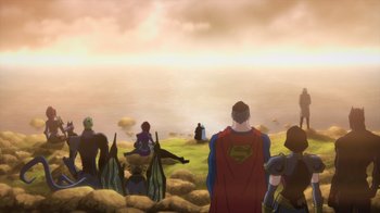 Movie still from “Justice League Dark: Apokolips War” (2020), directed by Christina Sotta – A group of people standing on top of a grass covered field; Extreme Wide shot, High angle