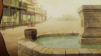 Movie still from “Justice League: Warworld” (2023), directed by Jeff Wamester – An old western town has a large pool of water; Wide shot, High angle