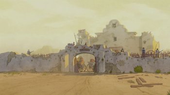 Movie still from “Justice League: Warworld” (2023), directed by Jeff Wamester – An illustration of an old building in the middle of a desert; Extreme Wide shot, Low angle