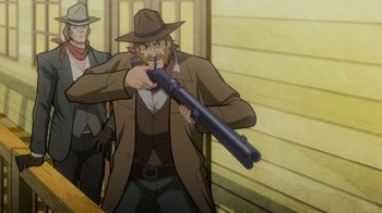 Movie still from “Justice League: Warworld” (2023), directed by Jeff Wamester – An animated man holding a gun in his hand; Medium shot, Over the shoulder angle