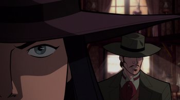 Movie still from “Justice League: Warworld” (2023), directed by Jeff Wamester – A man in a hat and a suit looking at a woman in a hat; Close Up shot, Over the shoulder angle