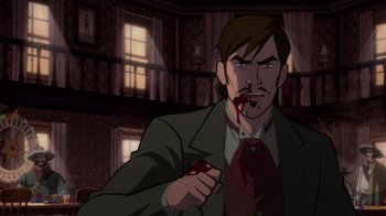 Movie still from “Justice League: Warworld” (2023), directed by Jeff Wamester – A man with a knife in his mouth in a room; Medium shot, High angle