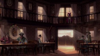 Movie still from “Justice League: Warworld” (2023), directed by Jeff Wamester – Two people are sitting at a table in a room; Wide shot, Low angle