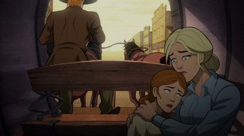 Movie still from “Justice League: Warworld” (2023), directed by Jeff Wamester – A woman and a child sitting on a wooden bench; Close Up shot, Over the shoulder angle