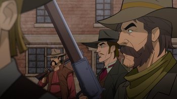 Movie still from “Justice League: Warworld” (2023), directed by Jeff Wamester – A group of men standing next to each other holding guns; Medium shot, Over the shoulder angle