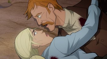 Movie still from “Justice League: Warworld” (2023), directed by Jeff Wamester – A man and a woman with blood on their chests; Close Up shot, Overhead angle