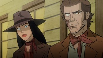 Movie still from “Justice League: Warworld” (2023), directed by Jeff Wamester – A man and a woman are standing next to each other; Close Up shot, Over the shoulder angle