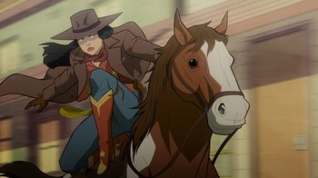 Movie still from “Justice League: Warworld” (2023), directed by Jeff Wamester – A woman riding on the back of a brown horse; Medium shot, Low angle