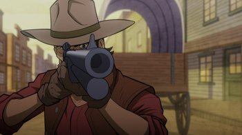 Movie still from “Justice League: Warworld” (2023), directed by Jeff Wamester – An animated cowboy is holding a gun in his hand; Close Up shot, Over the shoulder angle