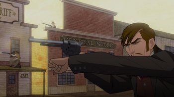Movie still from “Justice League: Warworld” (2023), directed by Jeff Wamester – A man holding a gun in front of a building; Medium shot, Over the shoulder angle