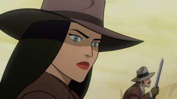 Movie still from “Justice League: Warworld” (2023), directed by Jeff Wamester – A woman in a hat and a brown hat looking to her left; Close Up shot, Over the shoulder angle