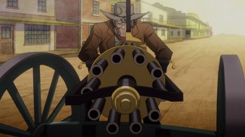 Movie still from “Justice League: Warworld” (2023), directed by Jeff Wamester – An animated cowboy is sitting in the back of a vehicle; Wide shot, Low angle