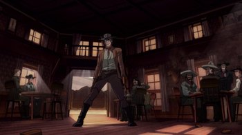 Movie still from “Justice League: Warworld” (2023), directed by Jeff Wamester – An animated cowboy standing in a room with other people; Wide shot, Low angle