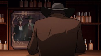 Movie still from “Justice League: Warworld” (2023), directed by Jeff Wamester – A man wearing a hat standing in front of a mirror; Medium shot, Over the shoulder angle