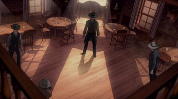 Movie still from “Justice League: Warworld” (2023), directed by Jeff Wamester – A man standing in the middle of an empty room; Wide shot, High angle