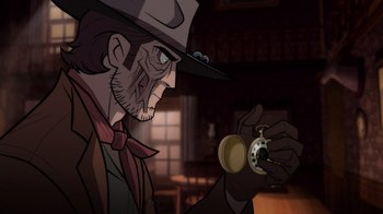 Movie still from “Justice League: Warworld” (2023), directed by Jeff Wamester – An animated cowboy looking at a pocket watch; Close Up shot, High angle