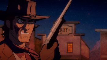 Movie still from “Justice League: Warworld” (2023), directed by Jeff Wamester – An animated cowboy holding a gun in front of a sheriff's office; Close Up shot, Low angle