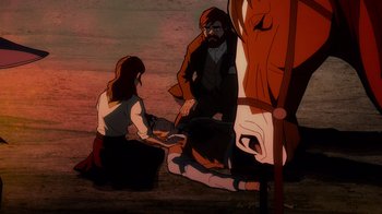 Movie still from “Justice League: Warworld” (2023), directed by Jeff Wamester – An animated scene of a man and a woman sitting next to a horse; Wide shot, High angle