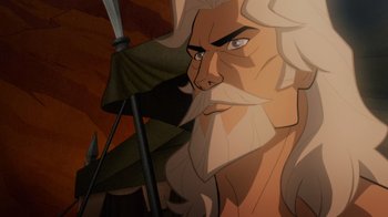 Movie still from “Justice League: Warworld” (2023), directed by Jeff Wamester – An illustration of an old man with a long white beard; Close Up shot, Over the shoulder angle