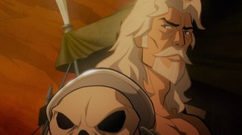 Movie still from “Justice League: Warworld” (2023), directed by Jeff Wamester – An image of an old man with a skull on his head; Close Up shot, Low angle