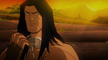 Movie still from “Justice League: Warworld” (2023), directed by Jeff Wamester – An animated picture of a man with long black hair; Close Up shot, Over the shoulder angle
