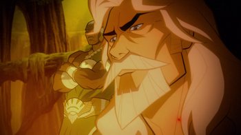 Movie still from “Justice League: Warworld” (2023), directed by Jeff Wamester – An image of an animated character with a sword in his hand; Close Up shot, High angle