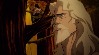 Movie still from “Justice League: Warworld” (2023), directed by Jeff Wamester – An image of an animated character with a bearded face; Medium shot, Low angle