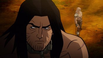 Movie still from “Justice League: Warworld” (2023), directed by Jeff Wamester – An image of an animated scene of a man with long hair; Close Up shot, Over the shoulder angle