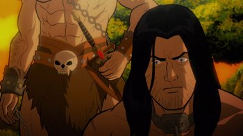 Movie still from “Justice League: Warworld” (2023), directed by Jeff Wamester – An animated picture of a man holding a sword; Close Up shot, Over the shoulder angle