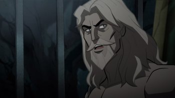 Movie still from “Justice League: Warworld” (2023), directed by Jeff Wamester – An old man with long white hair and a beard; Close Up shot, Over the shoulder angle