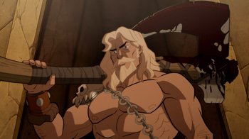 Movie still from “Justice League: Warworld” (2023), directed by Jeff Wamester – An image of an animated character with a chain around his neck; Medium shot, Over the shoulder angle